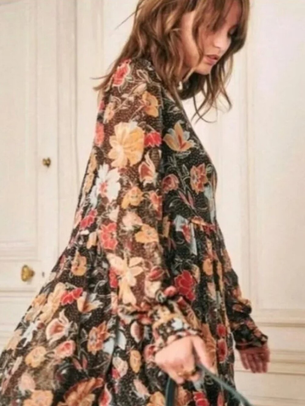 Sezane Black Floral Long-Sleeve Dress with Red and Yellow Blooms